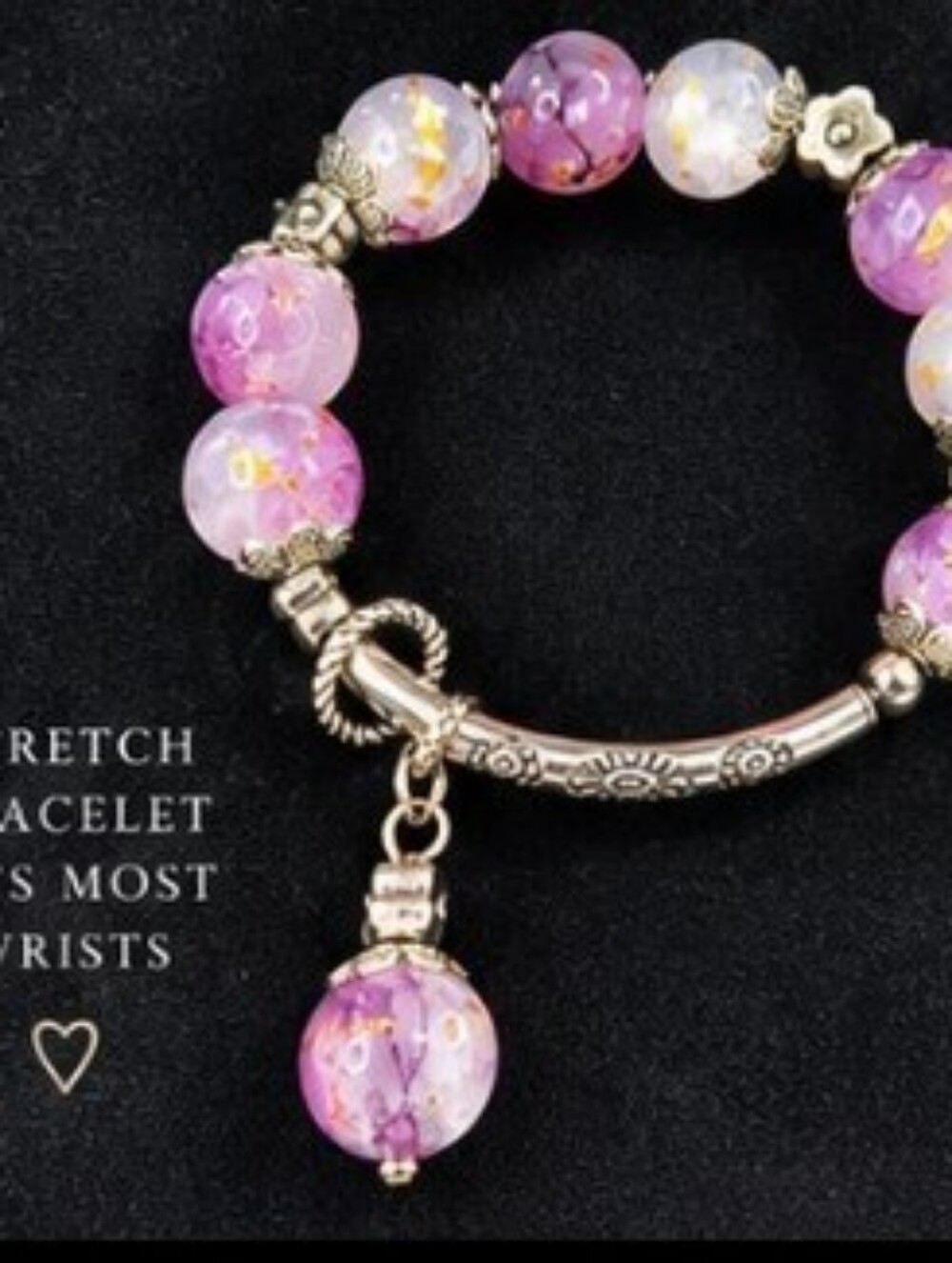 Vintage Purple Art Glass Beaded Stretch Bracelet Gold Flecks Dangle Charm - Picture 4 of 11